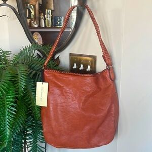 Brand New Marta Ponti Genuine Leather Cognac Zippered Shoulder Bag Hobo Purse